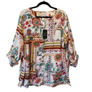 H Halston 100% Linen tunic top 2X NEW Colorful floral Artsy Long sleeve blouse